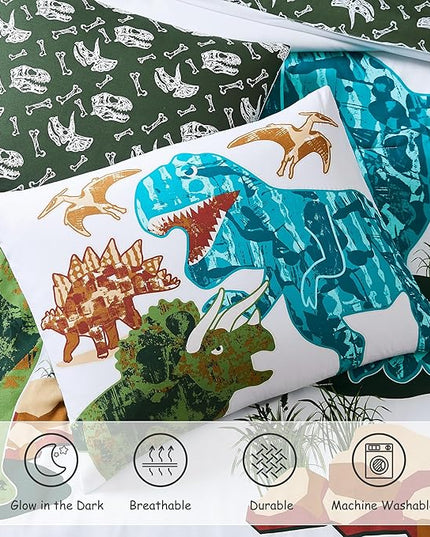 Full Size Comforter Set for Boys-7 Pieces Dinosaur Glow in The Dark Full Bedding Sets for Kids, Ultra Soft Bed in A Bag with Sheets