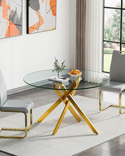 HomVent 3 Piece Round Glass Dining Table Set, Round Glass Kitchen Table Set for 2 with 2 PU Upholstered Dining Chairs for Kitchen Dining Room