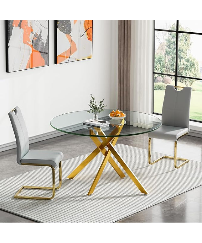 HomVent 3 Piece Round Glass Dining Table Set, Round Glass Kitchen Table Set for 2 with 2 PU Upholstered Dining Chairs for Kitchen Dining Room