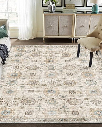 ReaLife Rugs Machine Washable Area Rug Runner - Living Room Bedroom Bathroom Kitchen Entryway Office - Padded Low Pile Stain Resistant Premium - Boho Farmhouse Vintage - Bryn - Beige Seafoam 3' x 5'