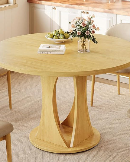 Round Dining Table for 4-6, Kitchen Table with Sturdy Double Arc & Rounded Base & Backboard Clasp Desktop, Mid-Century Modern Circle Dinner Table for Dining Living Room, Space Saving, Natrual