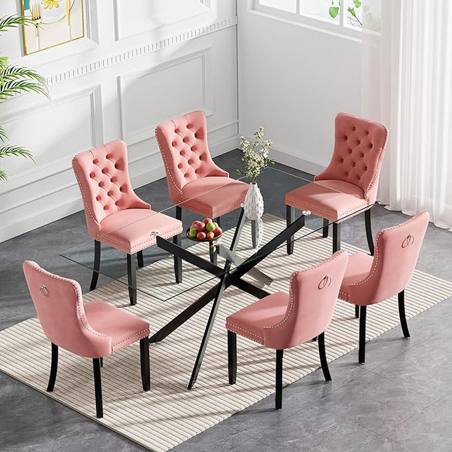 HomVent 7 Piece Rectangular Glass Dining Table Set, Tempered Glass Dinner Table Set for 6 Kitchen Table Set with 6 Velvet Upholstered Chairs for Kitchen Dining Room