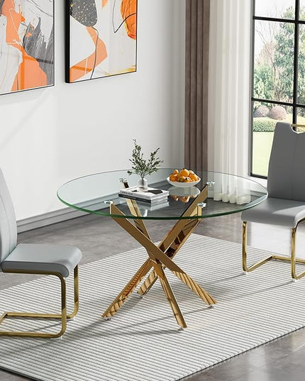 HomVent Round Glass Dining Table Set for 2, 3-Piece Modern Kitchen Table Set with 2 PU Upholstered Chair for Kitchen Dining Room, Glass Dining Room Table Set