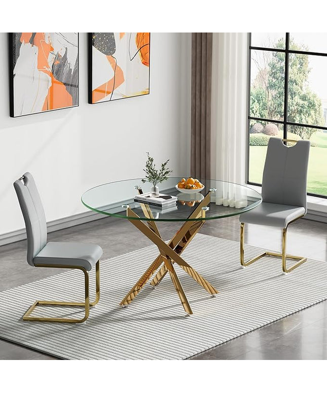 HomVent Round Glass Dining Table Set for 2, 3-Piece Modern Kitchen Table Set with 2 PU Upholstered Chair for Kitchen Dining Room, Glass Dining Room Table Set