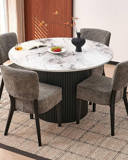 5-Piece 47 Inch Round Dining Table Set for 4, Modern Mid Century Circle Kitchen Dinner Table with Upholstered Grey Dining Room Chairs Set for Living Room Apartment, White Faux Marble Table