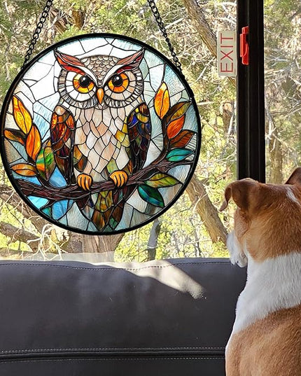 Stained Glass Window Hanging, Owl Colorful Leaves Birds Sun Catchers Diamond Glass Panel Hangings Suncatcher Decor for Birthday for Women, Men, Wife, Aunt, and Mom 14.9x14.9 in