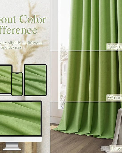 Guken 100% Blackout Curtains 90 Inch Length 2 Panels Set for Living Room Bedroom Back Tab Thermal Insulated Black Out Linen Drapes Room Darkening Lime Green,52x90