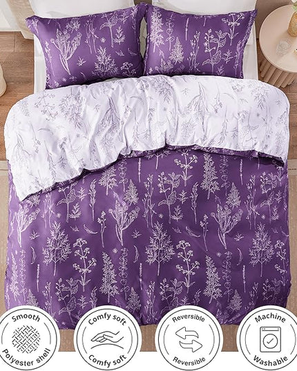 Love's cabin Dark Purple Comforter Set Queen - Queen Size Comforter Set, 3 Pieces Cute Floral Bedding Sets for All Seasons,1 Soft Reversible Botanical Flowers Comforter and 2 Pillow Shams