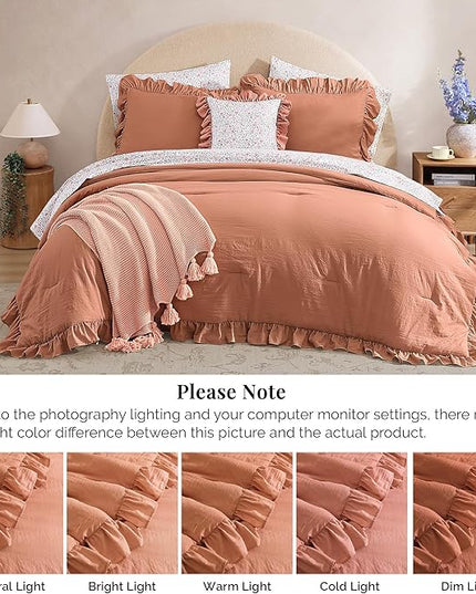 Queen Comforter Set - 7 Pieces Ruffle Autumn Leaf Bedding Sets, Shabby Chic Farmhouse Bed in a Bag Queen with Ruffle Comforter, Floral Sheets, Pillowcases & Shams