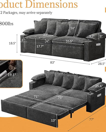 83" King Size Pull Out Sofa Bed, 4-in-1 Convertible Sleeper Sofa Bed with USB Ports, Cup Holders, Side Pockets, Corduroy Oversized Loveseat Chaise Lounge for Living Room, Small Space (Dark Gray)