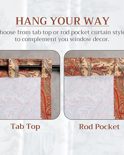 Maison d' Hermine Curtains for living room 100% Cotton 124 inch length Two Panels Light Filtering Curtains for Bedroom Windows with rod and loop Pockets Drapes (Kashmir Paisley Tomato, 50"W x 124"L)