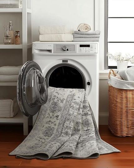 ReaLife Rugs Machine Washable Area Rug - Living Room Bedroom Bathroom Kitchen Entryway Office - Padded Low Pile Stain Resistant Premium - Boho Farmhouse Vintage - Noor - Ivory Grey 5' x 7'