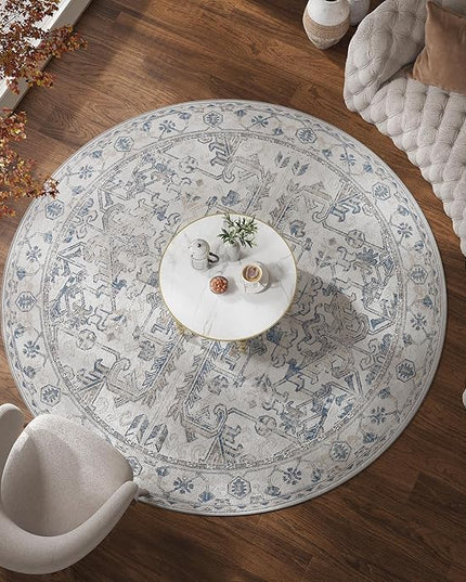 jinchan Lima Round Rug 8ft Vintage Machine Washable Area Rug Indoor Circle 8' Ultra-Thin Non-Slip Floral Print Carpet for Farmhouse Entryway Dining Room Living Room Bedroom Office (8'Round, Blue)