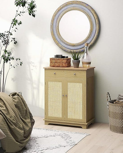 HOMCOM Sideboard with Solid Wood Countertop, Modern Kitchen Storage Cabinet, Coffee Bar Cabinet with 2 Drawers, Doors and Adjustable Shelf, Natural Rattan