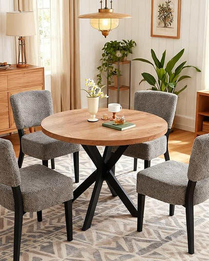 5-Piece Round Dining Table Set, Modern Small 37" Kitchen Table Chairs Set, Upholstered Stackable Dining Chairs with Black Metal Legs for Living Room Apartment, Space-saving, Imitation Wood&Grey