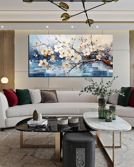 GUGIKA Flower Wall Art for Living Room, White Plum Blossom Canvas Wall Decor for Bedroom, Floral Picture Print, Size 48x24 Inches