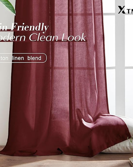 Maroon Wine Red Curtains 96 Inches Long for Living Room 2 Panels Set Linen Hooks Track Solid Regular Xmas Holiday Country Farmhouse Christmas Seasonal Themed Winter Curtains for Dining Room Bedroom