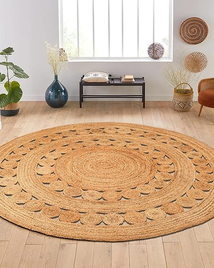 Hand Woven Jute Area Rug - 7' Round - Rustic Beige Reversible Farmhouse Rugs for Bedroom, Kitchen, Living Room - Vintage Natural Braided Entry Floor Décor Circle Boho Round Rugs 7ft