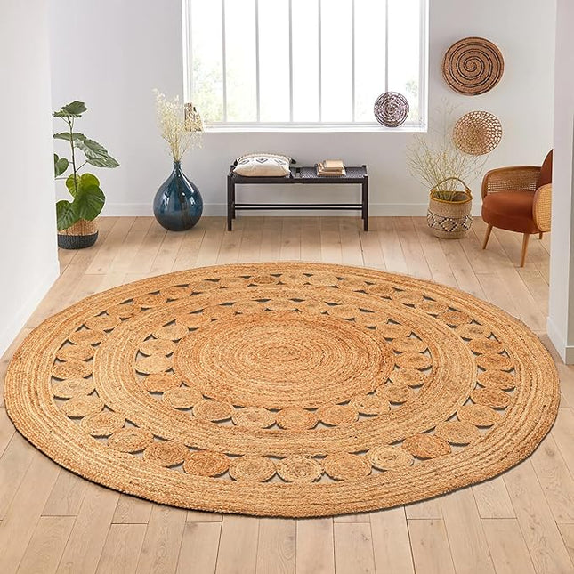 Hand Woven Jute Area Rug - 7' Round - Rustic Beige Reversible Farmhouse Rugs for Bedroom, Kitchen, Living Room - Vintage Natural Braided Entry Floor Décor Circle Boho Round Rugs 7ft