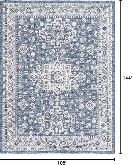 Rugs.com Outdoor Aztec Collection Rug – 9' x 12' Blue Flatweave Rug Perfect for Living Rooms, Large Dining Rooms, Open Floorplans