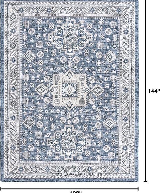 Rugs.com Outdoor Aztec Collection Rug – 9' x 12' Blue Flatweave Rug Perfect for Living Rooms, Large Dining Rooms, Open Floorplans