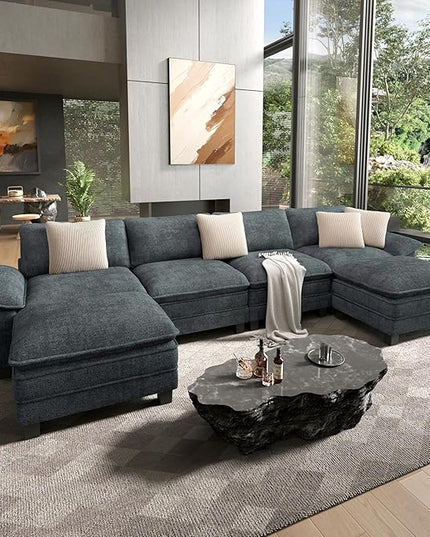 HERA'S HOUSE 158" Modular Sectional Sofa, Oversized U Shaped Couches for Living Room, Comfy Cloud Couch with Ottoman, 6-Seater Deep Seat Sofa with Throw Pillow, Chenille Blue