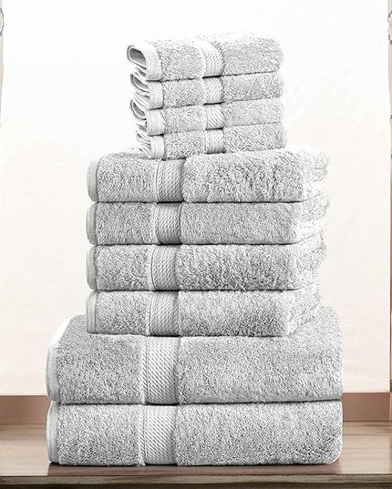 Superior Egyptian Cotton Pile 10 Piece Towel Set, Includes 2 Bath, 4 Hand, 4 Face Towels/Washcloths, Ultra Soft Luxury Towels, Thick Plush Essentials, Guest Bath, Spa, Hotel Bathroom, Silver