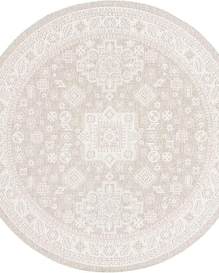 Rugs.com Outdoor Aztec Collection Rug – 10 Ft Round Light Gray Flatweave Rug Perfect for Kitchens, Dining Rooms