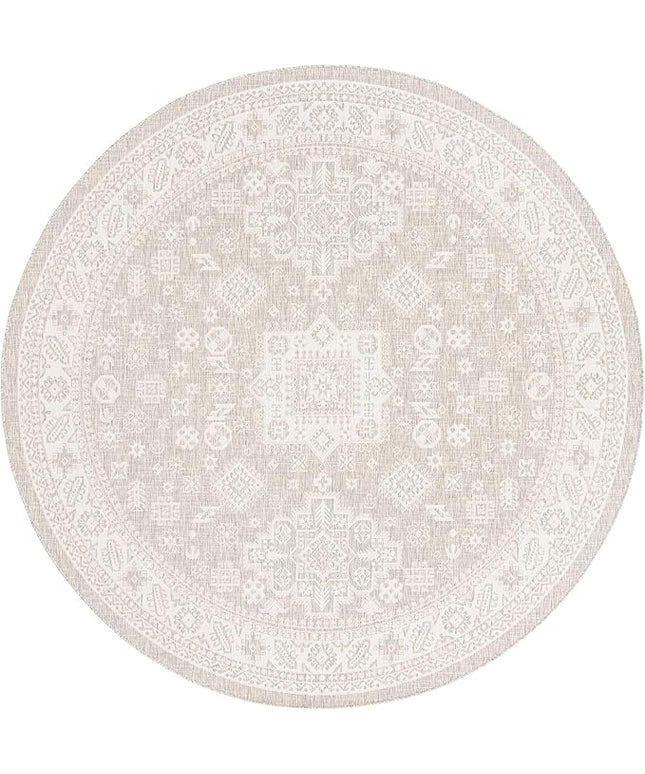 Rugs.com Outdoor Aztec Collection Rug – 10 Ft Round Light Gray Flatweave Rug Perfect for Kitchens, Dining Rooms