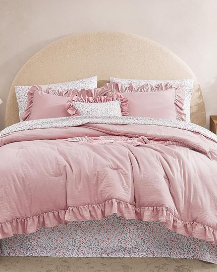 Twin XL Comforter Set - 5 Pieces Ruffle Soft Pink Bedding Sets, Shabby Chic Farmhouse Bed in a Bag Twin XL with Ruffle Comforter, Floral Sheets, Pillowcases & Shams