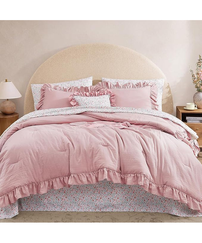 Twin XL Comforter Set - 5 Pieces Ruffle Soft Pink Bedding Sets, Shabby Chic Farmhouse Bed in a Bag Twin XL with Ruffle Comforter, Floral Sheets, Pillowcases & Shams