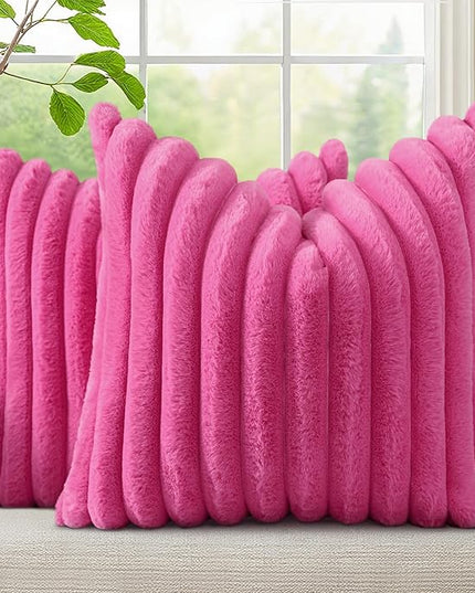 decorUhome Faux Fur Spring Throw Pillow Covers 26x26 Set of 2, Decorative Soft Plush Striped Neutral Couch Euro Pillow Covers with Velvet Back for Sofa, Bed, Living Room Home Decor, Hot Pink