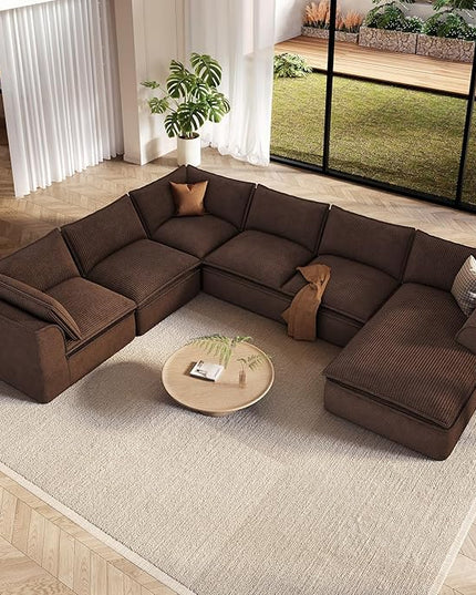 Vesgantti 141.7" Oversized Boneless Sectional Couch, Modern 7 Seater Modular Sofa with Chaise, Deep Seat Convertible Corduroy Cloud Couches for Living Room, No Assembly Required, Dark Brown