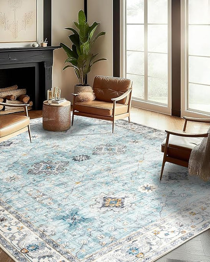 ReaLife Rugs Machine Washable Area Rug Runner - Living Room Bedroom Bathroom Kitchen Entryway Office - Padded Low Pile Stain Resistant Premium - Boho Farmhouse Vintage - BEV - Blue Ivory 3' x 5'