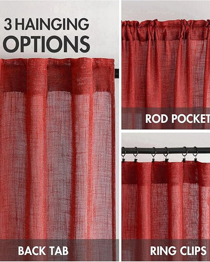 MIULEE Red Linen Curtains 96 Inch Long for Bedroom Living Room, Soft Thick Linen Textured Window Drapes Semi Sheer Light Filtering Rod Pocket Back Tab Christmas Burlap Look, 2 Panels