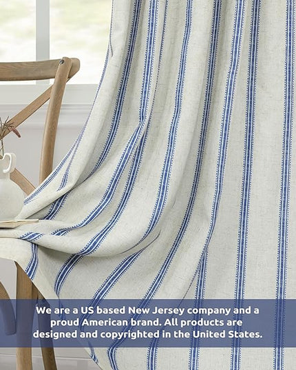 DriftAway Farmhouse Linen Blend Blackout Curtains 63 Inches Long for Bedroom Vertical Striped Printed Linen Curtains Thermal Insulated Lined Treatments for Living Room 2 Panels W52 x L63 Linen Navy