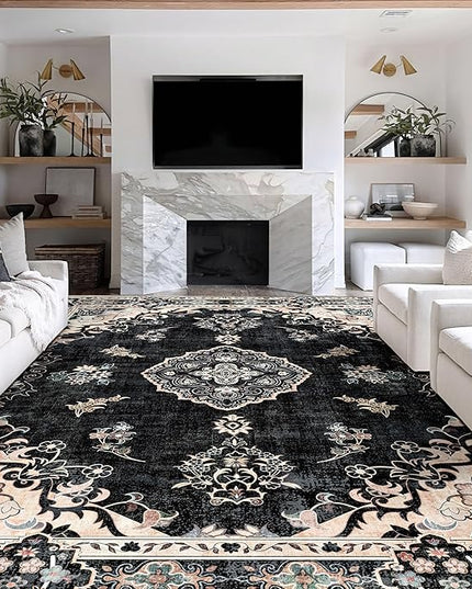 MUJOO 9’x12’ Area Rug Large Rugs for Living Room Bedroom Dining Room,Boho Washable Non Slip Bohemian Vintage Distressed Farmhouse Non Slip Big Carpet,Black Floral Flowers