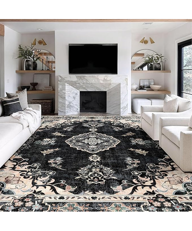 MUJOO 9’x12’ Area Rug Large Rugs for Living Room Bedroom Dining Room,Boho Washable Non Slip Bohemian Vintage Distressed Farmhouse Non Slip Big Carpet,Black Floral Flowers