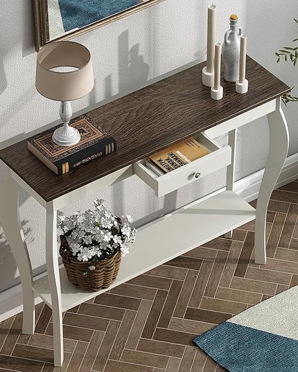 ChooChoo Narrow Farmhouse Console Table with Drawer, Chic Accent Sofa Entryway Table with Shelves for Entryway, Living Room, Hallway, Soft White