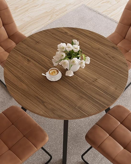 34.6'' Dining Table and Chairs for 2, Mid Century Modern Round Table Set, Space Saving for Apartment Kitchen Dining Room (Walnut Table+2 U-Shaped Brown Chairs)