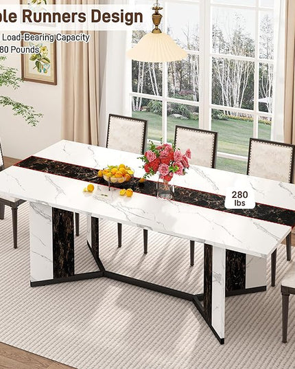71 inch Dining Table for 4 5 6 | Modern White&Black Rectangular Kitchen Table W/Waterproof Wood Tabletop,Farmhouse Long Dining Room Tables W/Adjustable Legs&Wood Strip Base for Kitchen Living Room