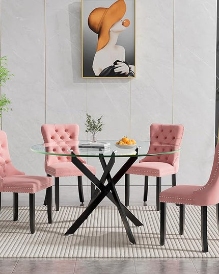 HomVent 5 Piece Round Glass Dining Table Set, Tempered Glass Dinner Table Set for 4 Kitchen Table Set with 4 Velvet Upholstered Chairs for Kitchen Dining Room