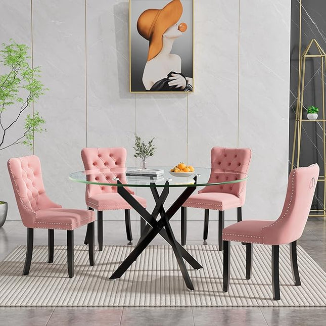 HomVent 5 Piece Round Glass Dining Table Set, Tempered Glass Dinner Table Set for 4 Kitchen Table Set with 4 Velvet Upholstered Chairs for Kitchen Dining Room