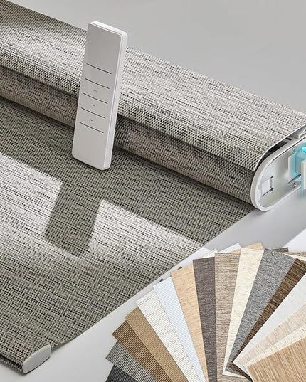 Persilux Smart Motorized Blinds with Remote, No Drill Automatic Roller Shades for Indoor Windows, Light Filtering Linen Fabric, Electric Blinds for Windows, Weave Blend Smoke C162-7, Custom Size