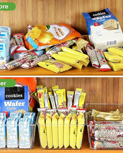 wilfox Pantry Organization, 3 Pack Clear Organizer Bins with Removable Dividers for Pantry, Kitchen, Fridge, Cabinet, Stackable Storage Bins for Snack, Pouches, Spice Packets