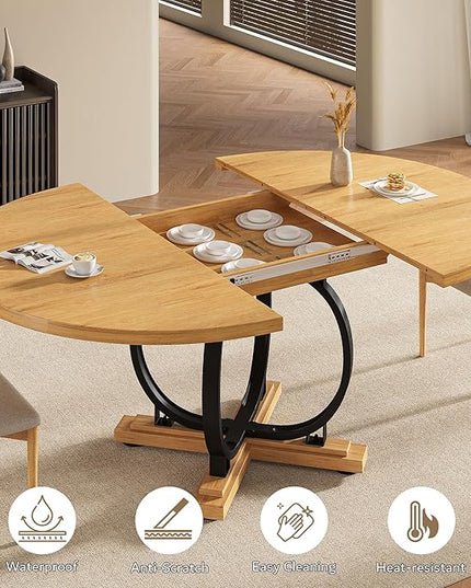 59" Round Extendable Dining Table for 4-6, Modern Oval Kitchen Table with Heavy Duty Curved Legs & Wood X-Based, MDF Board with Spring Buckle, Space Saving, Dining Kitchen Living Room, Oak