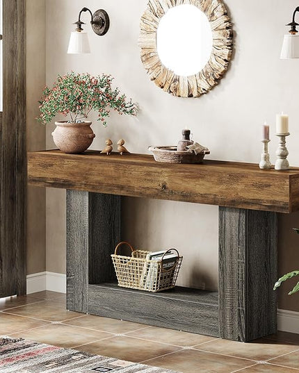 Tribesigns 63" Console Table, Farmhouse 2-Tier Entryway Table with U-Shaped Base, Narrow Long Wood Sofa Table Behind Couch Table for Living Room, Hallway, Foyer, Vintage Brown & Gray
