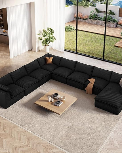 Vesgantti 204.7" Oversized Sectional Boneless Couch, Modern 9 Seater Modular Sofa with Chaise, Deep Seat Convertible Plush Corduroy Cloud Couches for Living Room, No Assembly Required, Black