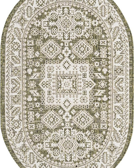 Rugs.com Outdoor Aztec Collection Rug – 3' x 5' Oval Green Flatweave Rug Perfect for Living Rooms, Large Dining Rooms, Open Floorplans