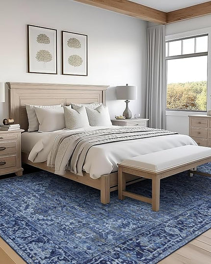 ReaLife Rugs Machine Washable Area Rug - Living Room Bedroom Bathroom Kitchen Entryway Office - Padded Low Pile Stain Resistant Premium - Boho Vintage Traditional - Lyle - Blue 7'6" x 9'6"